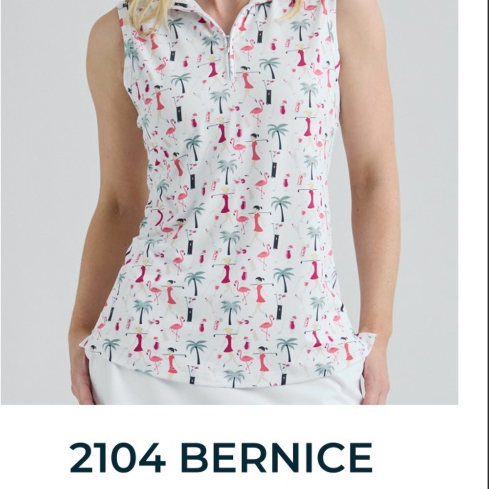 Bermuda Sands Apparel Sleeveless Polo Tank Top in White with Pink Flamingo Print